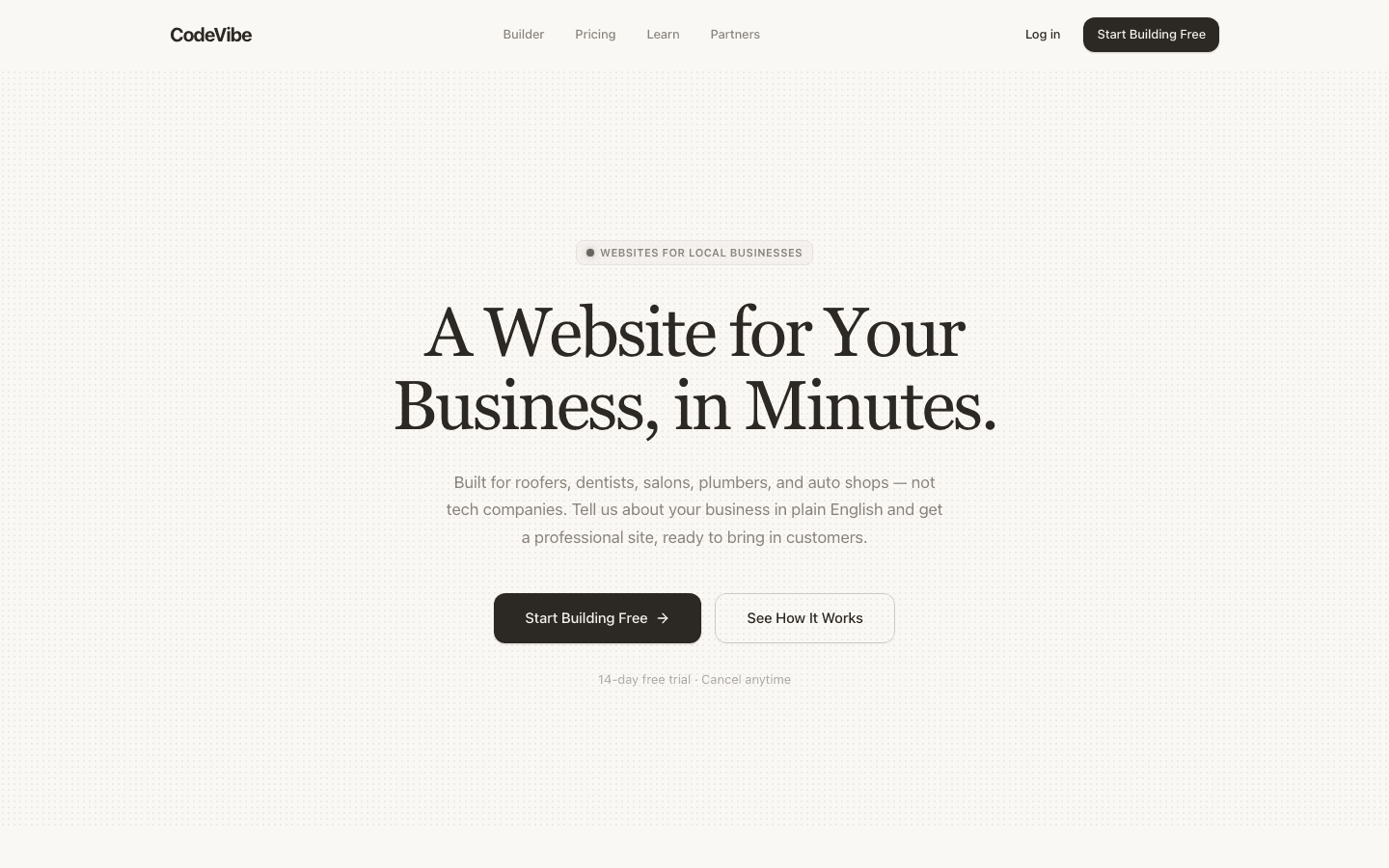 CodeVibe homepage for its AI website builder