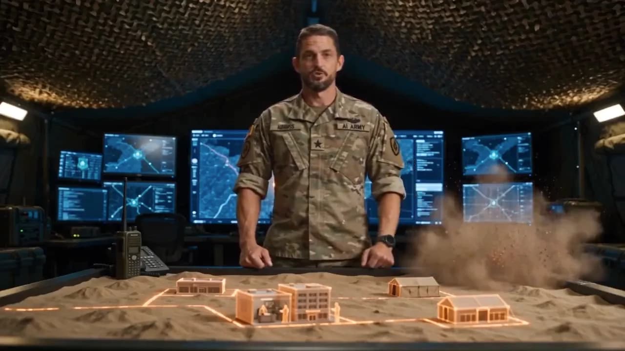 A cinematic presenter with a miniature model of connected businesses in the AI Army concept film.